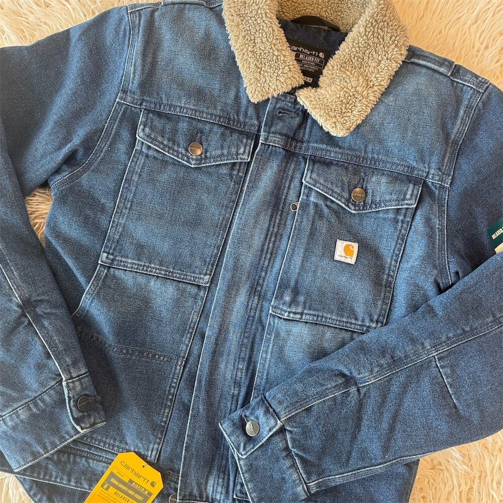 CUTE Carhartt Men's Relaxed Fit Sherpa-Lined Denim Jacket Blue Full Zip Size S - Picture 10 of 15